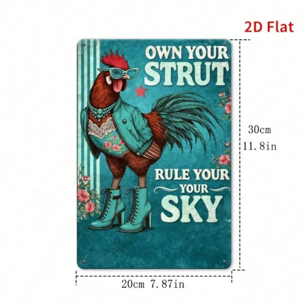 Cute Chicken Rooster Metal Wall Plaque, Farmhouse Style 2D Flat Print Art Decor