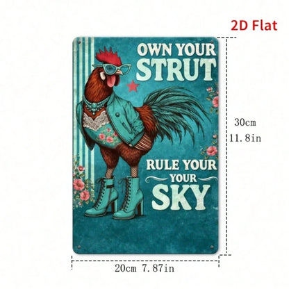 Cute Chicken Rooster Metal Wall Plaque, Farmhouse Style 2D Flat Print Art Decor