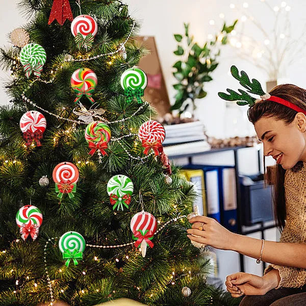 24PCS Christmas Candy Ornament With Ropes Colorful Candy Round Lollipop Wooden Pendant Xmas Hanging Decoration - view 5