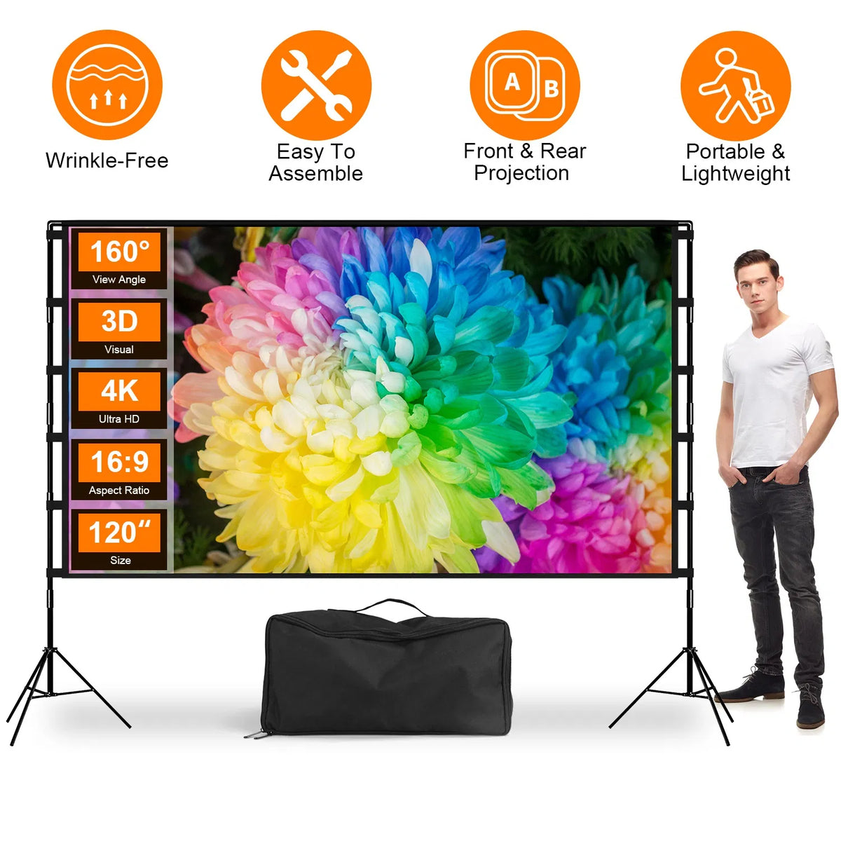 100inch 120inch Options Projector Screen With Stand 4K HD Rear Front Wrinkle-Free Portable And Foldable Movie Screen - view 7