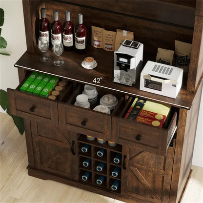 Brown Farmhouse 72" Pantry Cabinet With Hutch, Sliding Barn Doors & Wine Storage Rack - view 2