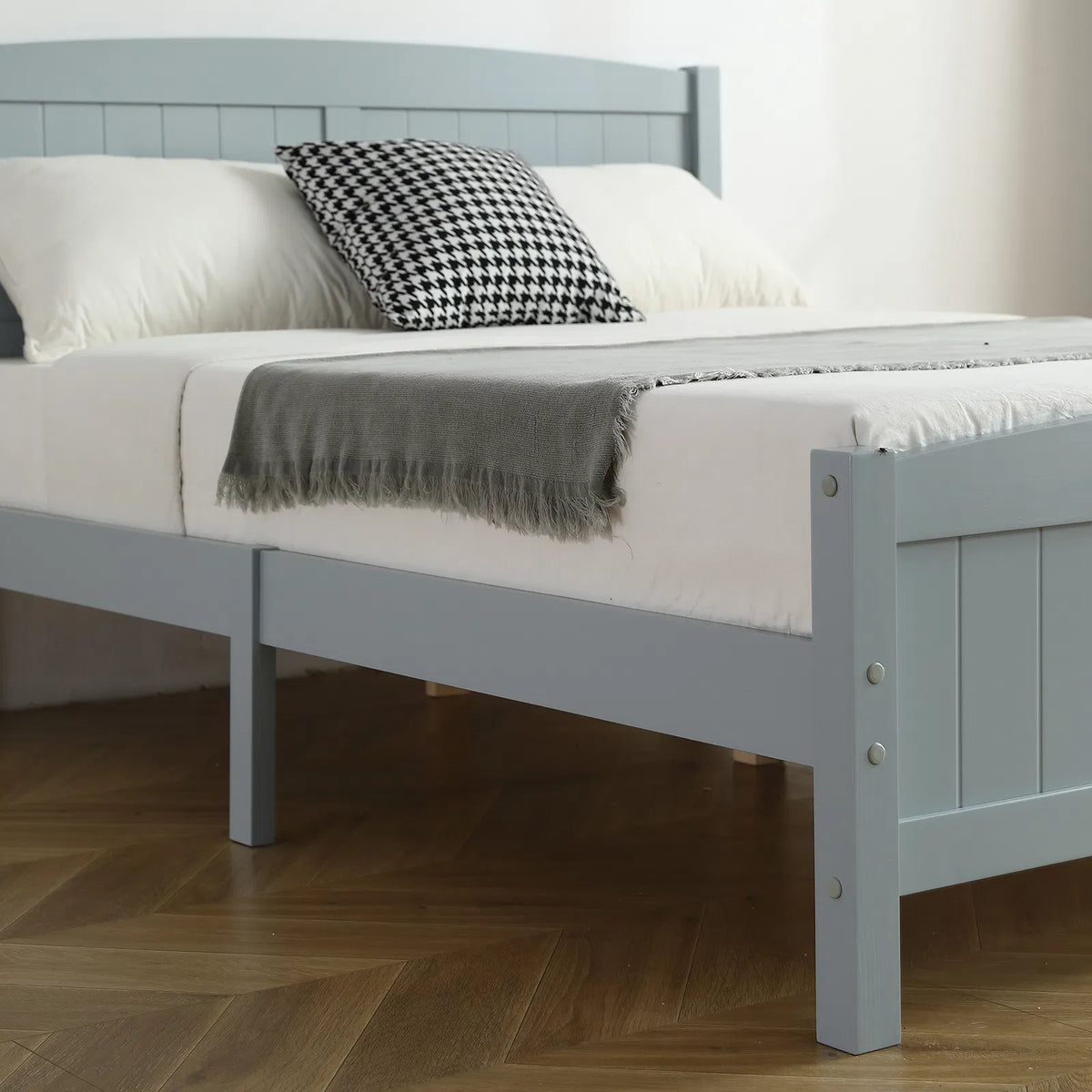 Full Single Bed Frame Vertical Striped Decorative Curved Headboard and Footboard Bed Frame Painted + Melamine Veneer & - view 6