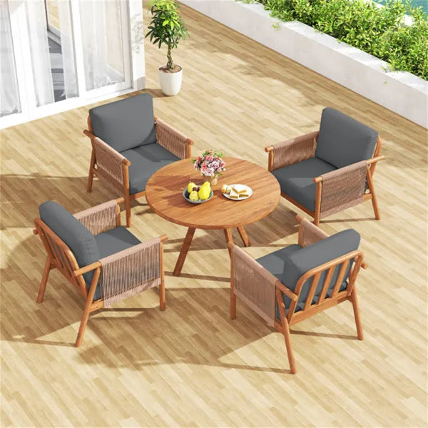 Gray Boho Patio Acacia Wood Chair With Woven Rope Armrests, Cushioned Outdoor Accent Chair For Porch Balcony - view 3