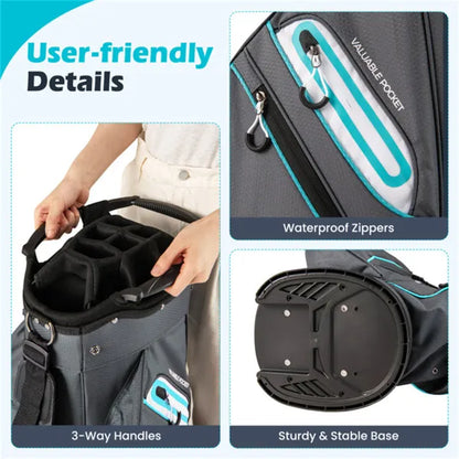 14-Way Golf Cart Bag - 6 Zippered Pockets+Cooler Pocket, Waterproof Zippers, Gray+Blue - view 4