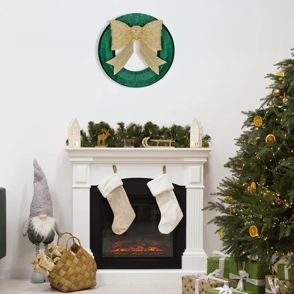 24in Pre-lit Outdoor Christmas Wreath Decoration, Lighted Metal Wreath With Golden Bow, Green And Warm White LED Lights - view 3