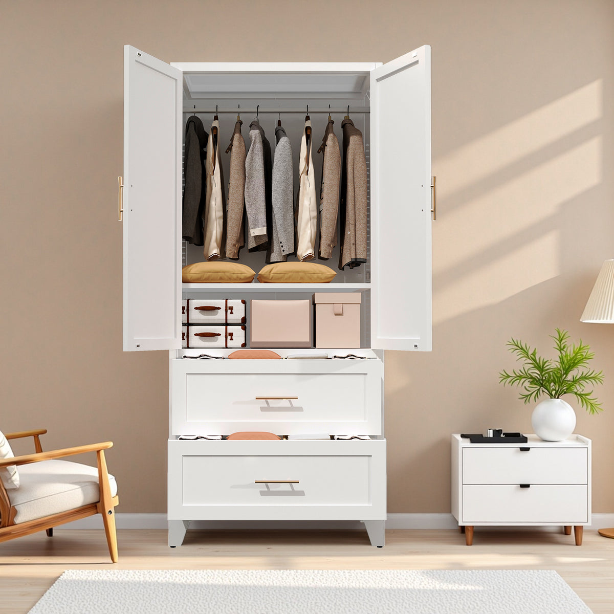 71inch Tall Metal Wardrobe Cabinet With 2 Drawers And Hanging Rod, 2 Doors Wardrobe Closet With Shelf For Bedroom - view 4