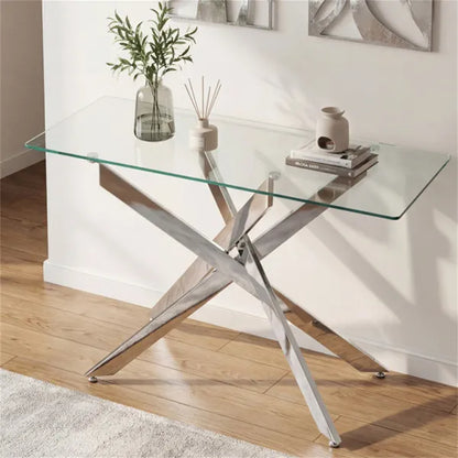45 Inch Tempered Glass Entryway Table, Silver Chrome Metal Console Table With Adjustable Feet For Home Decor