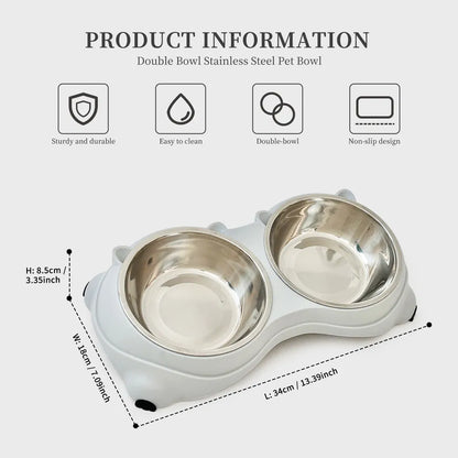 Anti Slip Base Double Cat Food Bowl, Gray Stainless Steel Food And Water Bowl, Easy To Clean And Detachable Design - view 3