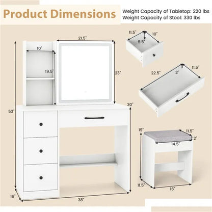 White Vanity Desk And Stool Set With Sliding Mirror & 3-Mode LED Light Strip - view 4