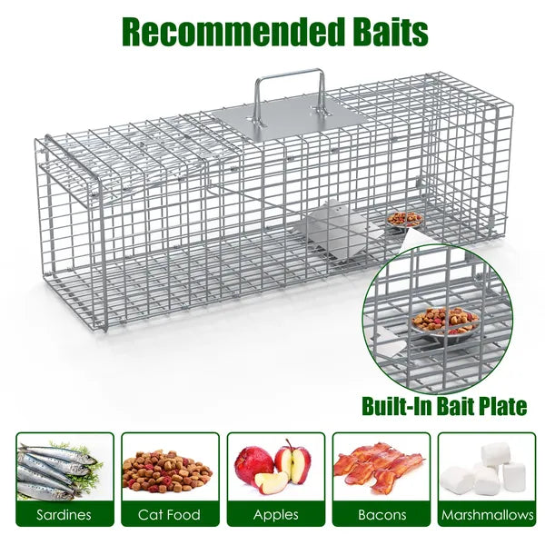 Live Animal Trap Cage 27x7.5x8in Folding Catch And Release Steel Humane Cat Trap For Racoons Stray Cats Rabbits Beavers - view 2