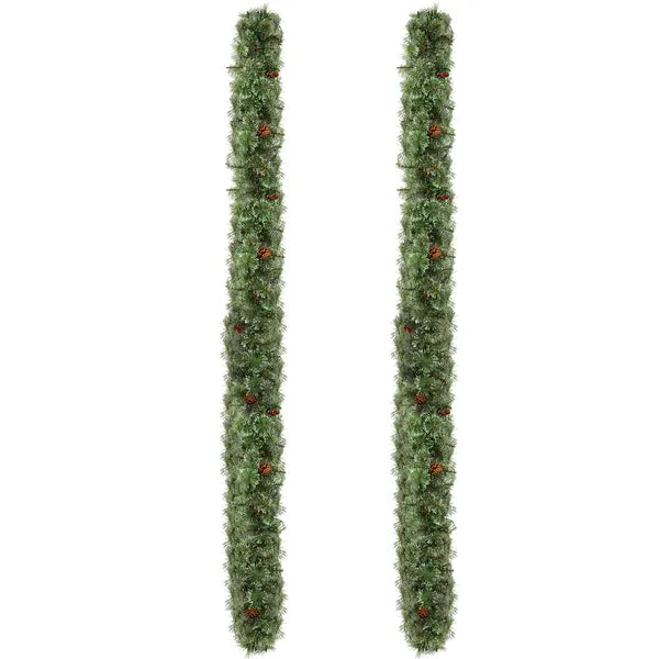 2 Pack 9FT Pre-lit Snow Flocked Christmas Garland, Lighted Artificial Xmas Garland With 200 Warm Lights And 440 Tips
