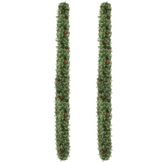 2 Pack 9FT Pre-lit Snow Flocked Christmas Garland, Lighted Artificial Xmas Garland With 200 Warm Lights And 440 Tips