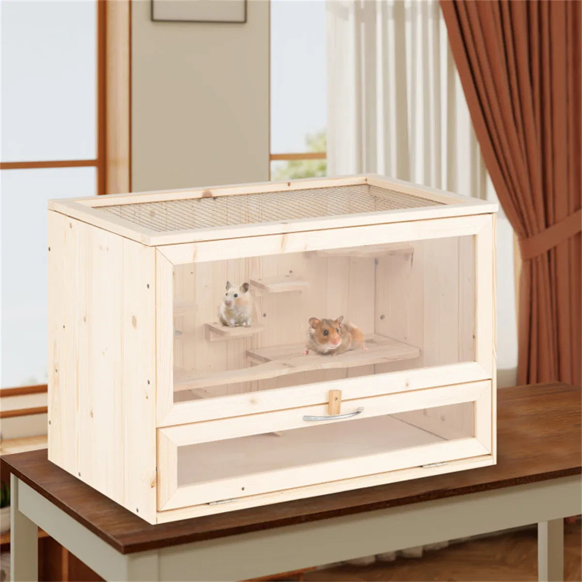 Fir Wood Hamster Cage with Flip Roof, Multi-Ladder Activity Areas for Guinea Pigs Hedgehogs - view 3