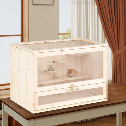 Fir Wood Hamster Cage with Flip Roof, Multi-Ladder Activity Areas for Guinea Pigs Hedgehogs - view 3