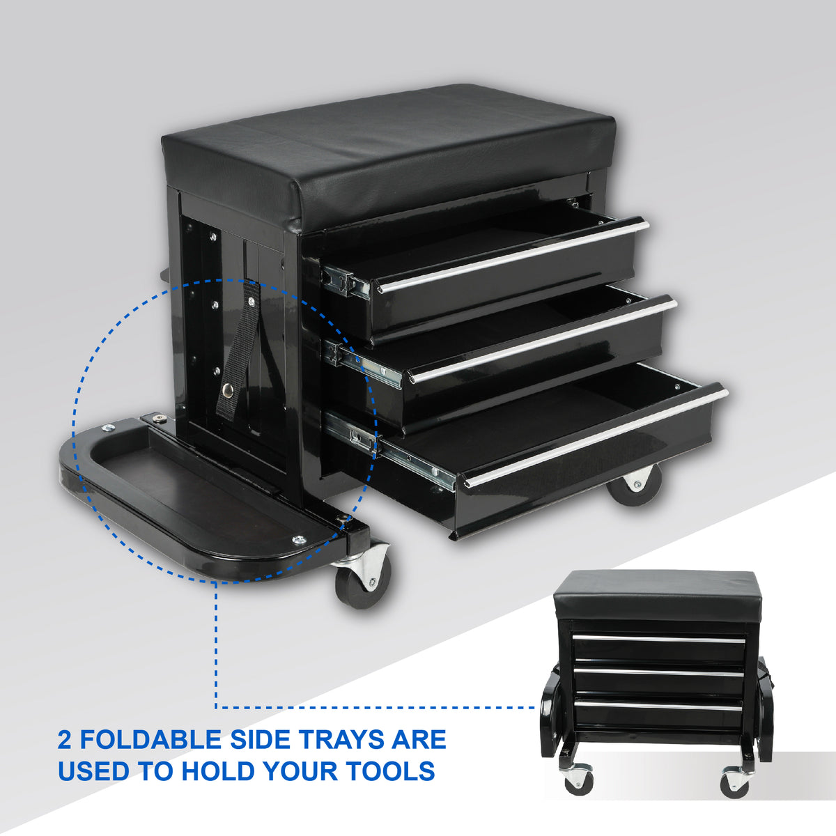 3-Drawer Tool Chest Rolling Mechanic Seat With Tool Trays,350lbs Max Weight Capacity,Black - view 8