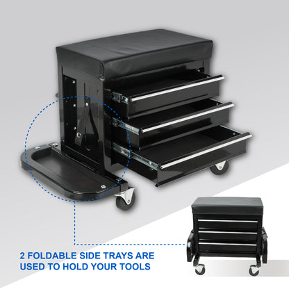 3-Drawer Tool Chest Rolling Mechanic Seat With Tool Trays,350lbs Max Weight Capacity,Black - view 8