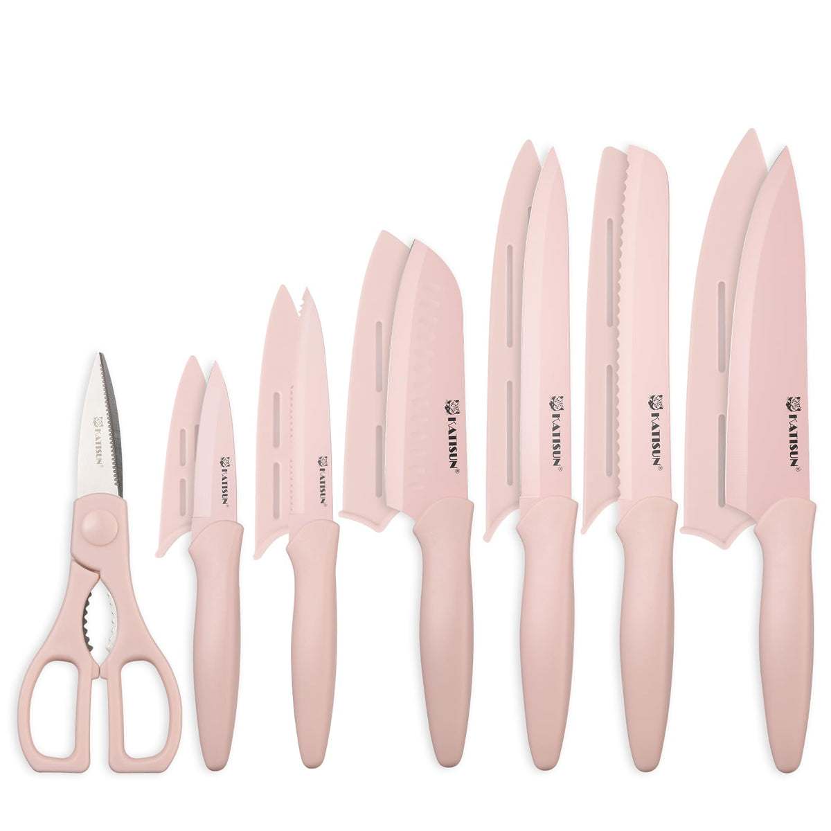 Kitchen Knife Set With Guards, 13 Piece Pink Non-Stick Boxed Knives Set, Anti-Rust And Dishwasher Safe