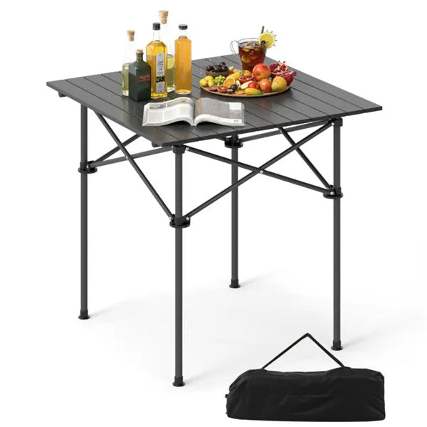 Black 28" Foldable Camping Table With Aluminum Top, 150 Lbs Capacity Portable Picnic Table With Carry Bag