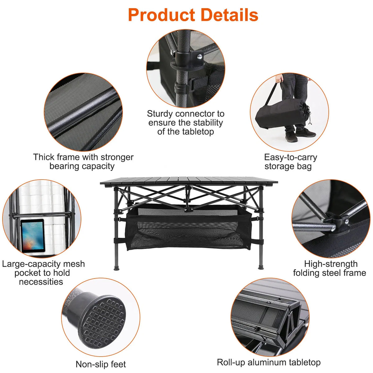 220 Lb Capacity Foldable Camping Table Aluminum Top & Steel Frame With Mesh Basket Portable BBQ Picnic Beach Table - view 4