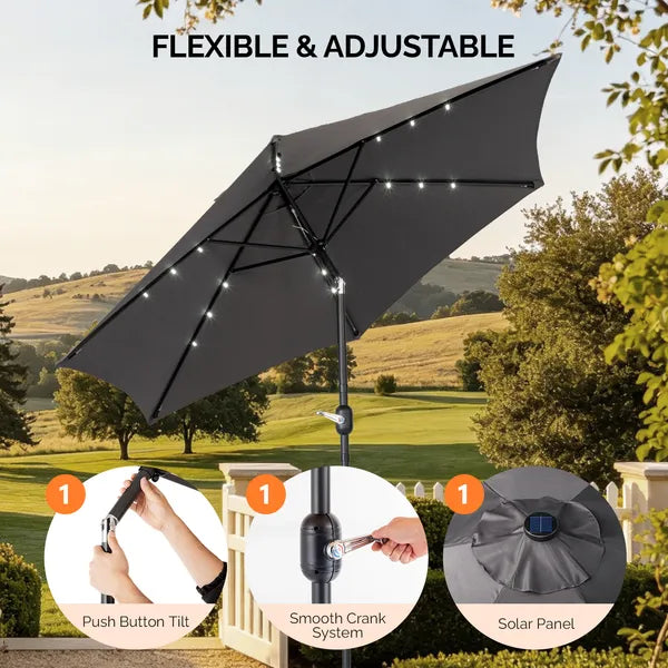 9ft Solar LED Patio Umbrella With Push Button Tilt & Crank, 6 Ribs Waterproof Polyester Outdoor Market Table Umbrella - view 4