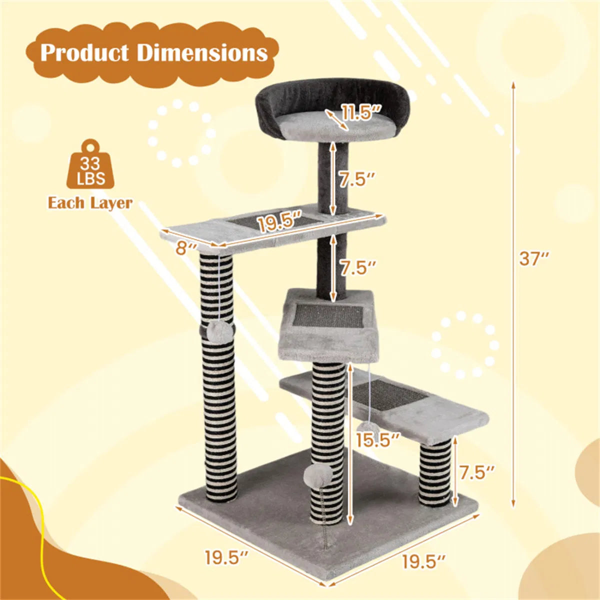 37" tall Cat Stairs with Scratching Mats - 3-Tier Perches, Spring Ball & Dangling Toys for Cats - view 6