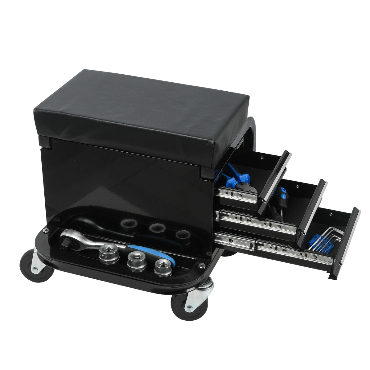 Rolling Creeper Garage Shop Seat With Three Built-in Drawers, Rolling Tool Chest,Black