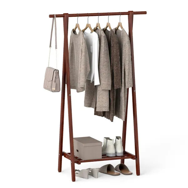Solid Rubber Wood Folding Coat Rack, A-Frame Standing Clothes Rack With Bottom Storage Shelf - view 2