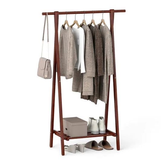 Solid Rubber Wood Folding Coat Rack, A-Frame Standing Clothes Rack With Bottom Storage Shelf - view 2