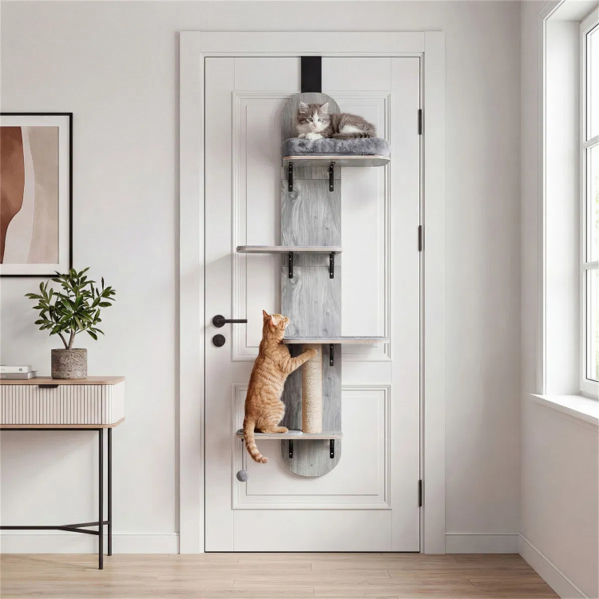 Door Hanging Cat Tree 5-Level Height Adjustable 4-Tier Climber No-Drill for Apartment Grey - view 4