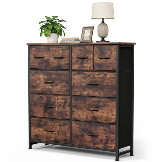 10-Drawer Fabric Dresser, LargeStorageTower for Bedroom, Closet, Living Room, Rustic Brown