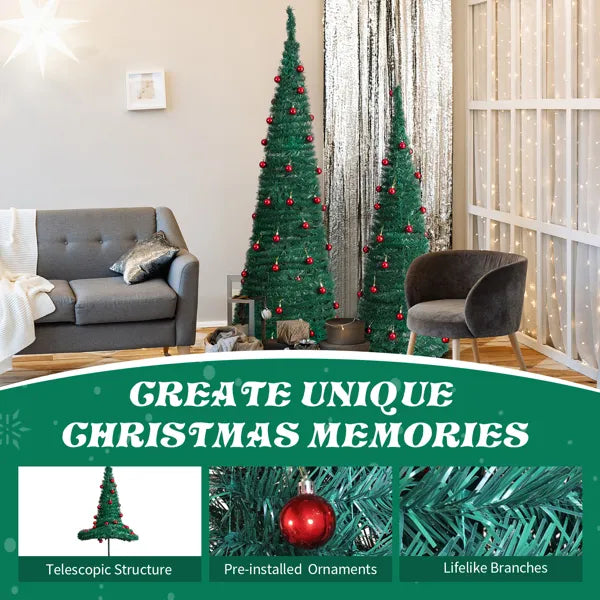 2 Pack, 6FT 5FT Artificial Up Christmas Tree With Red Ball Ornaments For For Home Office Store Holiday Deco, Green - view 3