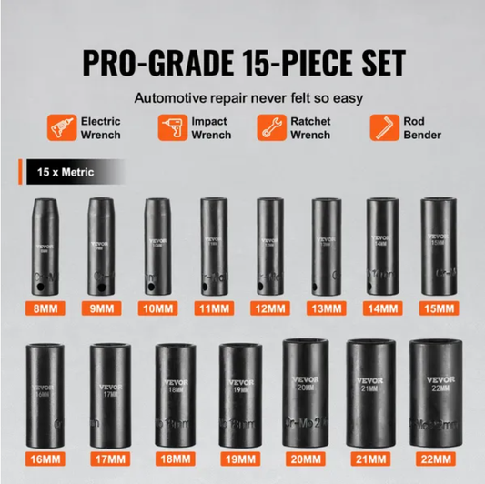 VEVOR Impact Sockets Set 15pcs 6-Point 3 8in Drive Bit Ratchet Tool Kit Case - view 2