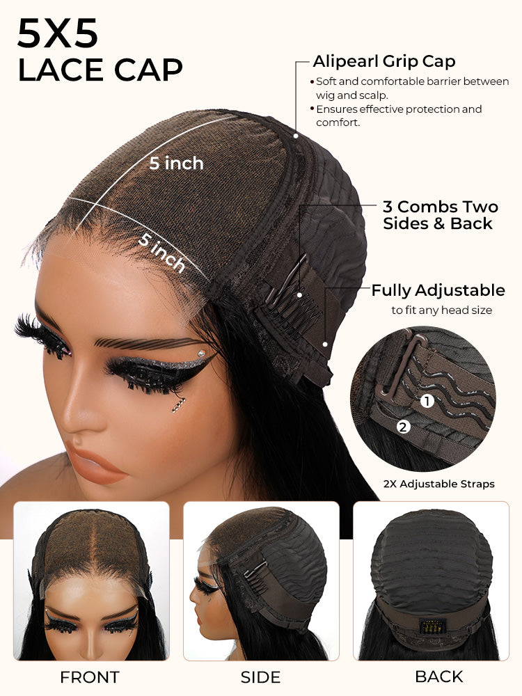 5x5 Lace Human Hair Wig Pre-cut Lace Reddish-Brown Body Wave, Density - view 2
