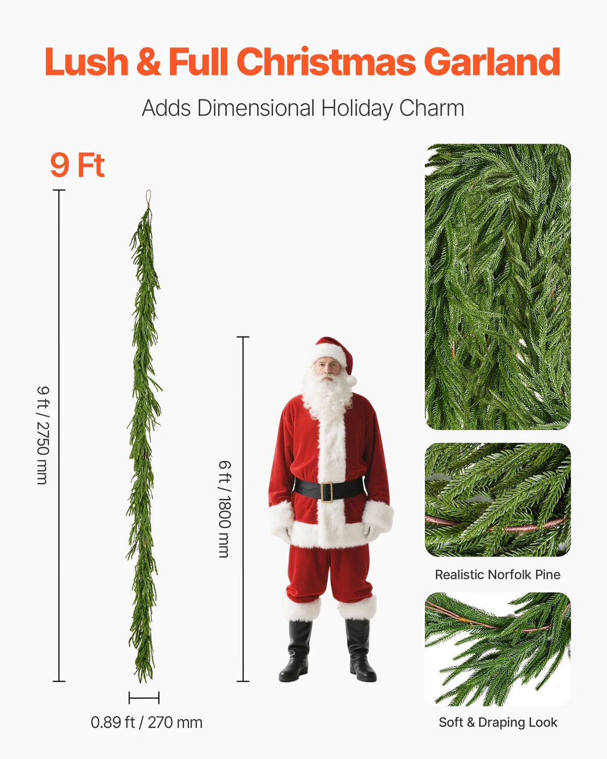 Faux Norfolk Christmas Garland 9Ft Artificial Greenery Xmas Decor For Fireplace - view 9