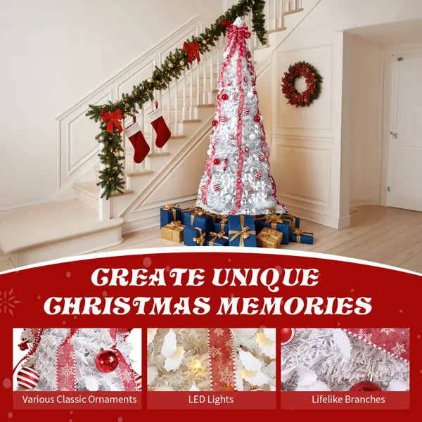 6 FT Fully Decorated Pre-lit Christmas Tree, Pop Up Artificial Xmas Tree With 100 Warm Lights And Red Ornaments - view 2