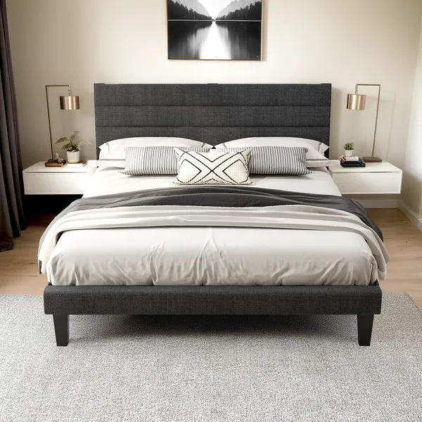 Dark Gray Queen Size Tufted Platform Bed Frame - Linen-Like Upholstery, Horizontal Stripe Headboard