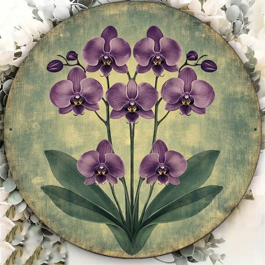 1pc 8x8in 2D Flat Round Sign Vintage, Purple Orchid, Plaque Phalaenopsis Flower Decor For Living Room Bedroom