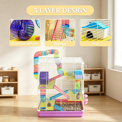 Pink 5-Tier Portable Hamster Cage for Short Trip Outing, Small Animal Travel Carrier with Tunnel Tubes - view 2