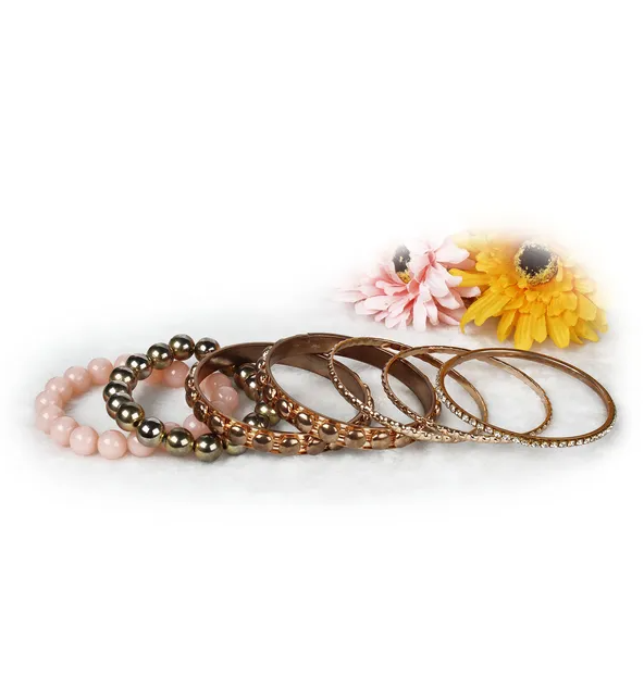 7-Piece Retro Burnished Gold Inlaid Rhinestones Bangle Bracelet Set - view 3