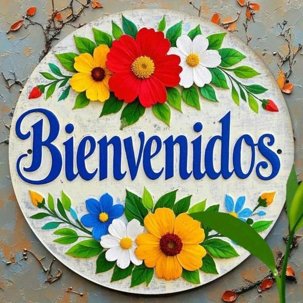 Spanish Flower Welcome Round Metal Sign 7.8x7.8in 1PC Vintage 2D HD Printed Iron Wall Decor Rustic Flat Hanging Plaque - view 4