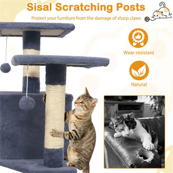 57" Multi-Level Cat Tree For Multi-Cat Households, 2 Condos & Hammock With Sisal Scratching Posts-Gray - view 5