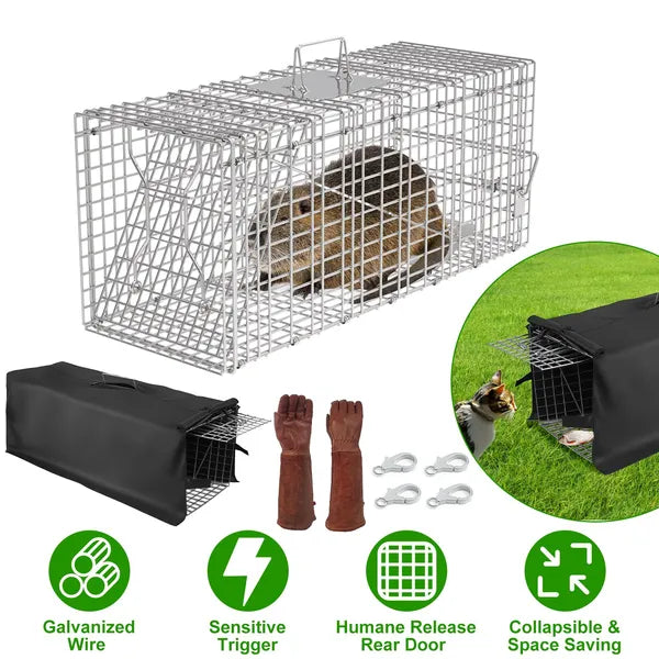 Humane Cat Trap Cage With Waterproof Cover Gloves Catch Release Live Animal Rodent Cage Collapsible Galvanized Wire
