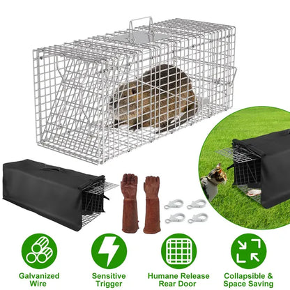Humane Cat Trap Cage With Waterproof Cover Gloves Catch Release Live Animal Rodent Cage Collapsible Galvanized Wire