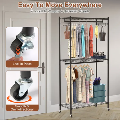 2 Tier Clothing Rack With Cover Portable Wardrobe Closet Covered Garment Rack With 4 Wheels 2 Hanging Rods 2 Hook Racks - view 4
