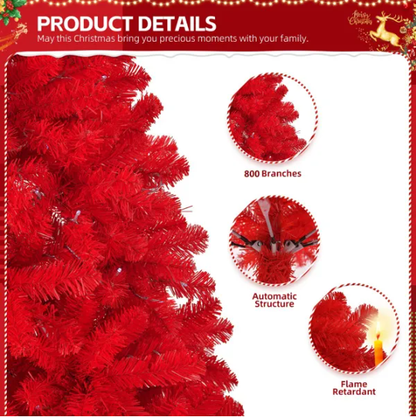 6 FT Artificial Christmas Tree, Unlit Hinged Christmas Pine Tree With 800 Branch Tips And Sturdy Metal Stand, Red - view 3