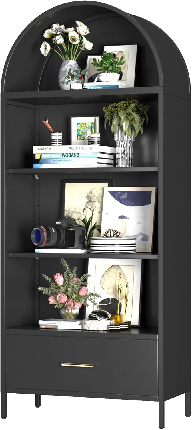 Metal Arched Bookshelf, Accent Arch Kitchen Pantry Cabinet With Drawer For Home Office Bar Living Room Farmhouse Black - view 6