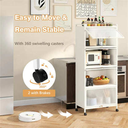 5-Tier Rolling Microwave Stand Flip Dust-Proof Doors 4 Casters with Brakes Kitchen Storage Rack White - view 3