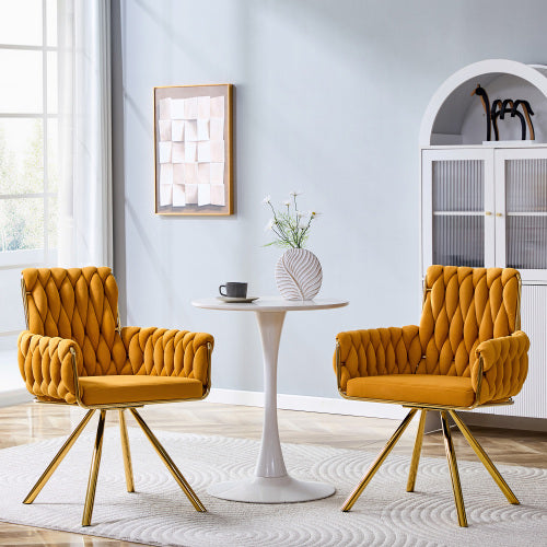 Set Of 2 Modern Luxury Velvet Braided Accent Dining Chair With Gold Metal Legs
