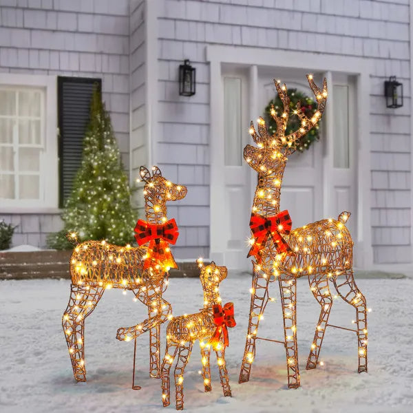 3-Piece Lighted Christmas Reindeer Family Set Outdoor Decorations, Weather Proof Rattan Deer Family Set Of 3 Christmas - view 6