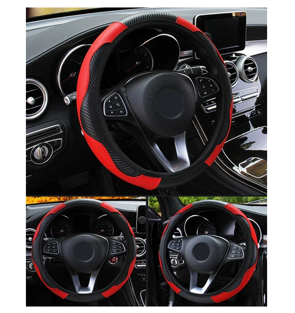 Car Steering Wheel Cover Red Black Leather Anti-slip For Carbon Fiber - view 4